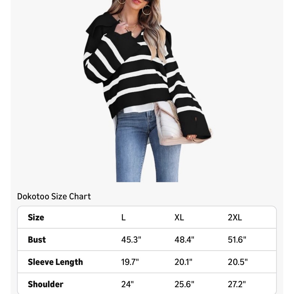 Black & White Striped V-Neck Sweater, XL - Picture 3 of 6
